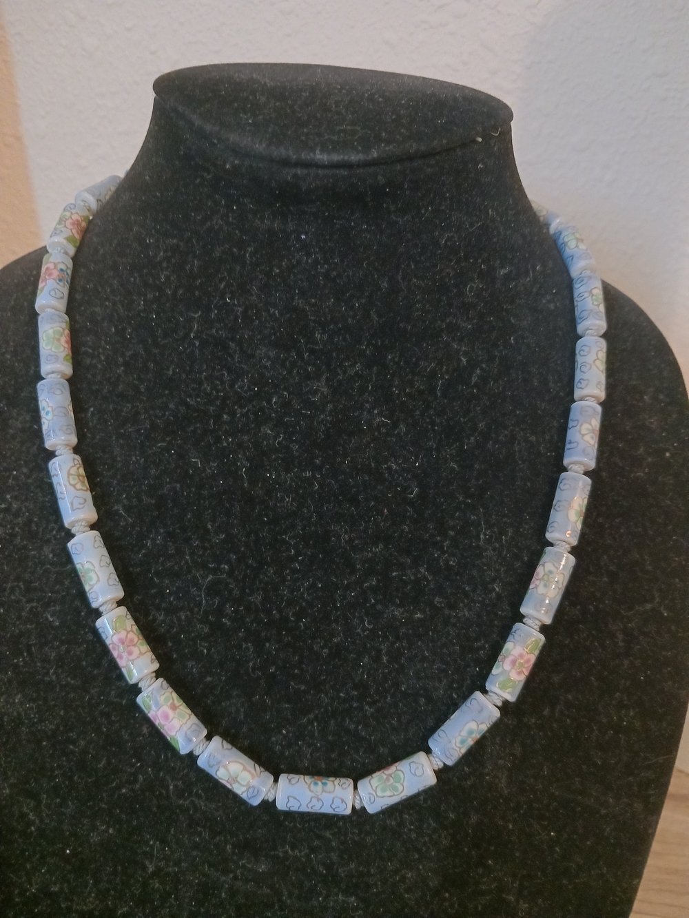 Vintage Chinese Blue Floral Tube Barrel Hand Painted`Porcelain Bead Necklace